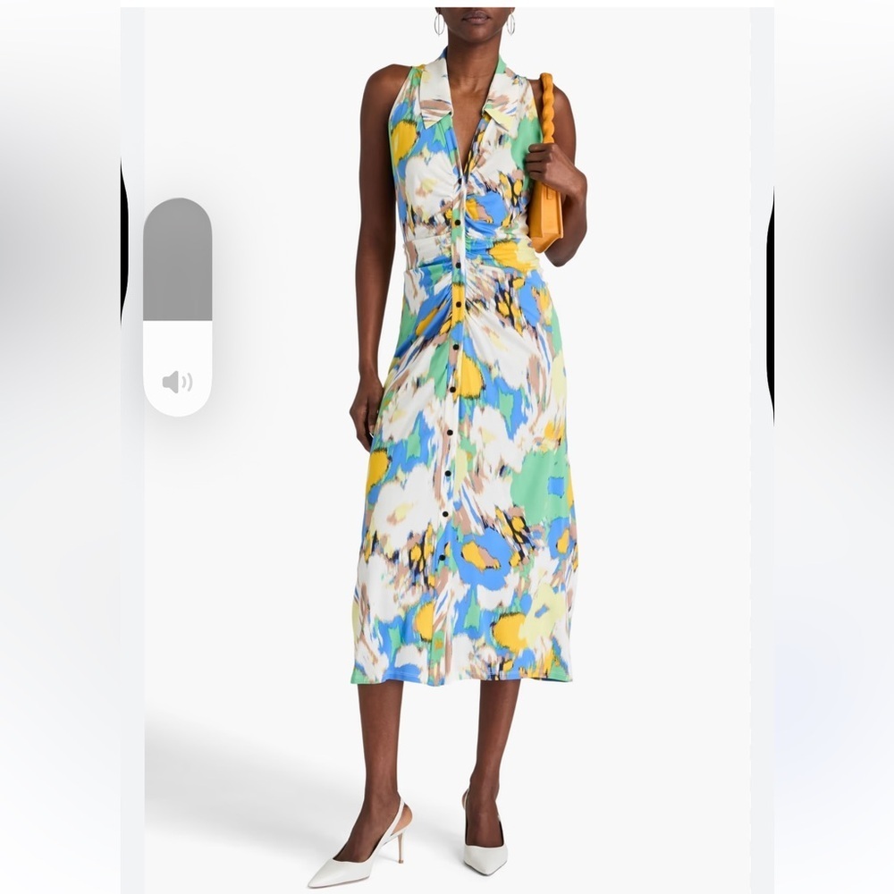 Maren ruched printed jersey midi shirt dress xxs